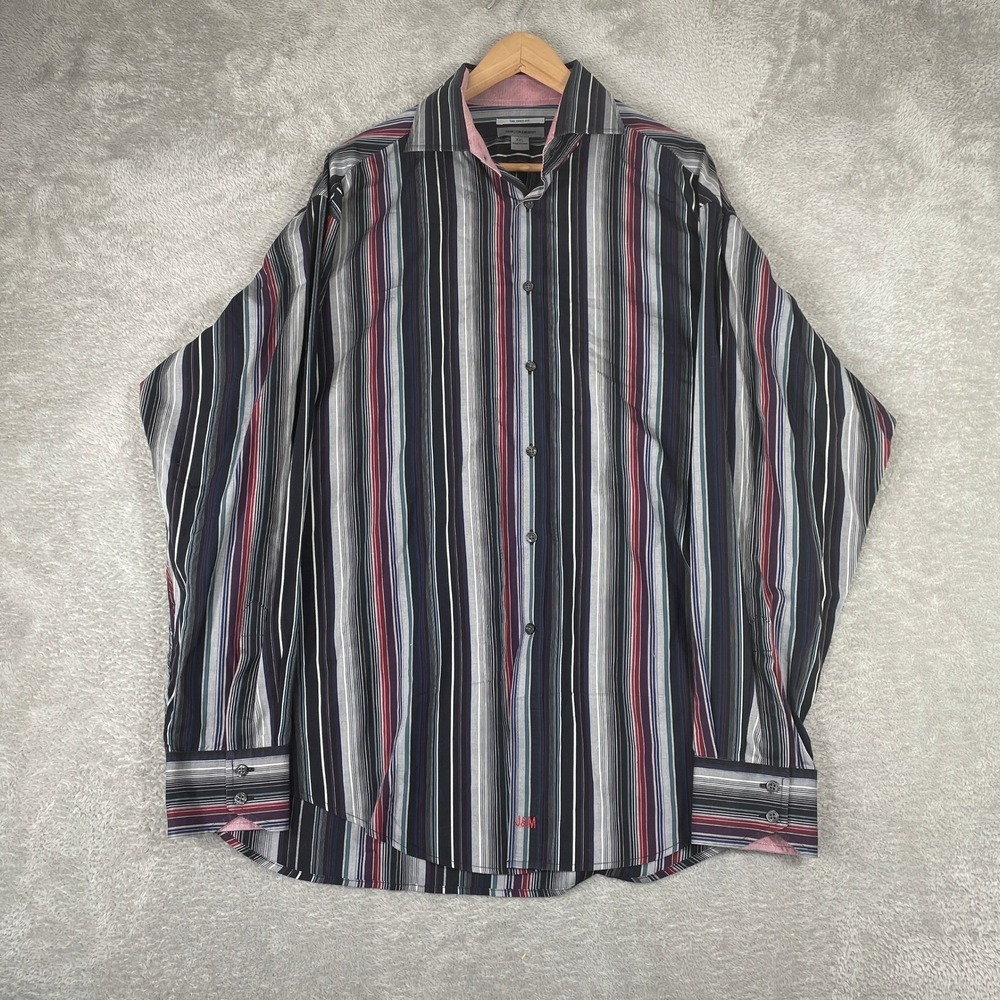 Johnston & Murphy Button Down Shirt Mens 2XL Black‎ Striped Tailored Fit Cotton